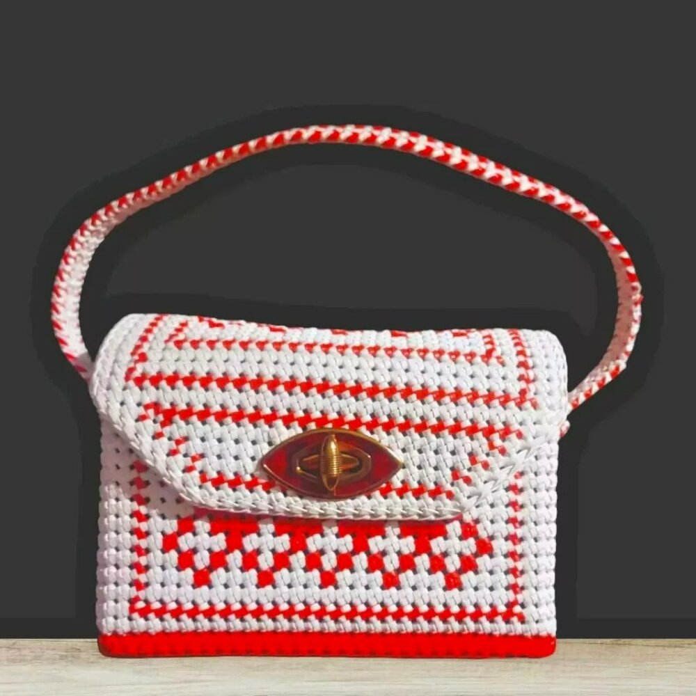 Vintage Woven Box Purse Orange White Satin Lined Retro Unique
